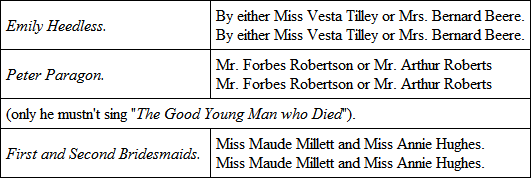 Here they dance.Second VerseWm. If someone hits him in the eye, he always hits them back!When I am struck, my Ma I merely tell!On passing fat pigs in a lane, he'll give 'em each a whack!Thos. (impenitently). And jolly fun it is to hear 'em yell![Chorus.Third VerseWm. He's always cribbing coppers – which he spends on lollipops.Thos.(A share of which you've never yet refused!)Wm. A stone he'll shy at frogs and toads, and anything that hops!Thos.(While you look on, and seem to be amused!)[Chorus.Fourth VerseWm. As soon as school is over, Thomas goes a hunting squirr'ls,Or butterflies he'll capture in his hat!Thos.You play at Kissing in the Ring with all the little girls!Wm. (demurely). Well, Thomas, I can see no harm in that![Chorus.Fifth VerseWm. Ah, Thomas, if you don't reform, you'll come to some bad end!Thos. Oh, William, put your head inside a bag!Wm. No, Thomas, that I cannot – till you promise to amend!Thos. Why, William, what a chap you are to nag![Chorus and dance. Thomasreturns to road, and regards the apple-trees longingly over top of wall.
Thos. Hi, William, look … what apples! there – don't you see?And pears – my eye! just ain't they looking juicy!Wm. Nay, Thomas, since you're bent upon a sin,I will walk on, and visit Benjamin![Exit William (l. 2 e.), while Thomasproceeds to scale the wall and climb the boughs of the nearest pear-tree. Melodramatic Music. The Monster Man-trap stealthily emerges from long grass below, and fixes a baleful eye on the unconscious Thomas.
Thos. I'll fill my pockets, and on pears I'll feast![Sees Man-trap, and staggersOh, lor – whatever is that hugly beast!Hi, help, here! call him off!..The Monster.'Tis vain to holler —My horders are – all trespassers to swoller!You just come down – I'm waiting 'ere to ketch you.(Indignantly.) You don't expect I'm coming up to fetch you!Thos. (politely.) Oh, not if it would inconvenience you, Sir!(In agonised aside.) I feel my grip grow every moment looser![The Monster, in a slow, uncouth manner, proceeds to scramble up the tree.Oh, here's a go! The horrid thing can climb!Too late I do repent me of my crime![Terrific sensation chase! The Monster Man-trap leaps from bough to bough with horrible agility, and eventually secures his prey, and leaps with it to the ground.
Thos. (in the Monster's jaws). I'm sure you seem a kind, good-natured creature —You will not harm me?Monster. No – I'll only eat yer![Thomasslowly vanishes down its cavernous jaws; faint yells are heard at intervals – then nothing but a dull champing sound; after which, dead silence. The Monster smiles, with an air of repletion.
Re-enter William, from r., with BenjaminBenjamin. I'm very glad you came – but where is Thomas?Wm. (severely). Tom is a wicked boy, and better from us,For on the road he stopped to scale a wall!..[Sees Man-trap, and startsWhat's that?Benj. It will not hurt good boys at all —It's only Father's Man-trap – why so pale?Wm. The self-same tree! … the wall that Tom would scale!Where's Thomas now? Ah, Tom, the wilful pride of you.[The Man-trap affects an elaborate unconsciousness.Benj. (with sudden enlightenment). Man-trap, I do believe poor Tom's inside of you!That sort of smile's exceedingly suspicious.[The Man-trap endeavours to hide in the grassWm. Ah, Monster, give him back – 'tis true he's vicious,And had no business to go making free with you!But think, so bad a boy will disagree with you![Williamand Benjaminkneel in attitudes of entreaty on either side of the Man-trap, which shows signs of increasing emotion as the song proceeds.
Benjamin (sings)Man-trap, bitter our distress isThat you have unkindly pennedIn your innermost recessesOne who used to be our friend!William (sings)In his downward course arrest him!(He may take a virtuous tack);Pause awhile, ere you digest him,Make an effort – bring him back![The Man-trap is convulsed by a violent heave; William and Benjaminbend forward in an agony of expectation, until a small shoe and the leg of Thomas'spantaloons are finally emitted from the Monster's jaws.
Benj. (exultantly). See, William, now he's coming … here's his shoe for you!The Man-trap (with an accent of genuine regret). I'm sorry – but that's all that I can do for you!Wm. (raising the shoe and the leg of pantaloons, and holding them sorrowfully at arm's length).He's met the fate which moralists all promise isThe end of such depraved careers as Thomas's!Oh, Benjamin, take warning by it be-time!(More brightly). But now to wash our hands – 'tis nearly tea-time![Exeunt William and Benjamin, to wash their hands, as Curtain falls. N.B. This finale is more truly artistic, and in accordance with modern dramatic ideas, than the conventional "picture."
iv.– THE FATAL PIN
Our present example is pure tragedy of the most ambitious kind, and is, perhaps, a little in advance of the taste of a Music-hall audience of the present day. When the fusion between the Theatres and the Music Halls is complete – when Miss Bessie Bellwood sings "What Cheer, 'Ria?" at the Lyceum, and Mr. Henry Irving gives his compressed version of Hamlet at the Trocadero; when there is a general levelling-up of culture, and removal of prejudice – then, and not till then, will this powerful little play meet with the appreciation which is its due. The main idea is suggested by the Misses Taylor's well-known poem, The Pin, though the dramatist has gone further than the poetess in working out the notion of Nemesis.
THE FATAL PINA TRAGEDYDramatis Personæ.
![