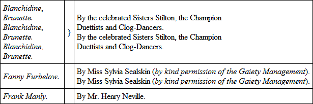 Peterbetrays growing uneasinessThe Bridesmaids. Indeed, we fail to see it anywhere!Emily (entering distractedly in bridal costume, with a large rent in her train).You have no eyes, I tell you, let me help.It must be found, or I am all undone!In vain my cushion I have cut in two'Twas void of all but stuffing … Gracious Heavens,To think that all my future bliss dependsOn the evasive malice of a pin![Peterbehind screen, starts violently.Peter (aside). A pin! what dire misgivings wring my heart![Hops forward with a cold dignity, holding one foot in his handYou seem in some excitement, Emily?Emily (wildly). You, Peter!.. tell me – have you found a pin?Peter (with deadly calm). Unhappy girl – I have! (To Bridesmaids.) Withdraw awhile,And should we need you, we will summon you.[Exeunt Bridesmaids; Emilyand Peterstand facing each other for some moments in dead silence.
The pin is found – for I have trodden on it,And may, for aught I know, be lamed for life.Speak, Emily, what is that maid's desertWhose carelessness has led to this mishap?Emily (in the desperate hope of shielding herself).Why, should the fault he traced to any maid,Instant dismissal shall be her reward,With a month's wages paid in lieu of notice!Peter (with a passionless severity).From your own lips I judge you, Emily.Did they not own just now that you had heardThe falling of a pin – yet heeded not?Behold the outcome of your negligence![Extends his injured footEmily. Oh, let me kiss the place and make it well!Peter (coldly withdrawing foot). Keep your caresses till I ask for them.My wound goes deeper than you wot of yet,And by that disregarded pin is prickedThe iridescent bubble of Illusion!Emily (slowly). Indeed, I do not wholly comprehend.Peter. Have patience and I will be plainer yet.Mine is a complex nature, Emily;Magnanimous, but still methodical.An injury I freely can forgive,Forget it (striking his chest), never! She who leaves aboutPins on the floor to pierce a lover's foot,Will surely plant a thorn within the sideOf him whose fate it is to be her husband!Emily (dragging herself towards him on her knees). Have pity on me, Peter; I was mad!Peter (with emotion). How can I choose but pity thee, poor soul,Who, for the sake of temporary ease,Hast forfeited the bliss that had been thine!You could not stoop to pick a pin up. Why?Because, forsooth, 'twas but a paltry pin!Yet, duly husbanded, that self-same pinHad served you to secure your gaping train,Your self-respect – and Me.Emily (wailing). What have I done?Peter. I will not now reproach you, Emily,Nor would I dwell upon my wounded sole,The pain of which increases momently.I part from you in friendship, and in proof,That fated instrument I leave with you[Presenting her with the pin, which she accepts mechanicallyWhich the frail link between us twain has severed.I can dispense with it, for in my cuff[Shows her his coat-cuff, in which a row of pins'-heads is perceptibleI carry others 'gainst a time of need.My poor success in life I trace to thisThat never yet I passed a pin unheeded.Emily. And is that all you have to say to me?Peter. I think so – save that I shall wish you well,And pray that henceforth you may bear in mindWhat vast importance lies in seeming trifles.Emily (with a pale smile). Peter, your lesson is already learned,For precious has this pin become for me,Since by its aid I gain oblivion – thus! [Stabs herself.Peter (coldly.) Nay, these are histrionics, Emily.[Assists her to sofaEmily. I'd skill enough to find a vital spot.Do not withdraw it yet – my time is short,And I have much to say before I die.(Faintly.) Be gentle with my rabbits when I'm gone;Give my canary chickweed now and then.… I think there is no more – ah, one last word —(Earnestly) – Warn them they must not cut our wedding-cake,And then the pastrycook may take it back!Peter (deeply moved). Would you had shown this thoughtfulness before! [Kneels by the sofa.Emily.'Tis now too late, and clearly do I seeThat I was never worthy of you, Peter.Peter (gently). 'Tis not for me to contradict you now.You did your best to be so, Emily!Emily. A blessing on you for those generous words!Now tell me, Peter, how is your poor foot?Peter. The agony decidedly abates,And I can almost bear a boot again.Emily. Then I die happy!.. Kiss me, Peter … ah![DiesPeter. In peace she passed away. I'm glad of that,Although that peace was purchased by a lie.I shall not bear a boot for many days!Thus ends our wedding morn, and she, poor child,Has paid the penalty of heedlessness![Curtain falls, whereupon, unless Mr. Punch is greatly mistaken, there will not be a dry eye in the house.
v.– BRUNETTE AND BLANCHIDINE
A MELODRAMATIC DIDACTIC VAUDEVILLESuggested by "The Wooden Doll and the Wax Doll," by the Misses Jane and Ann TaylorDramatis Personæ.
![